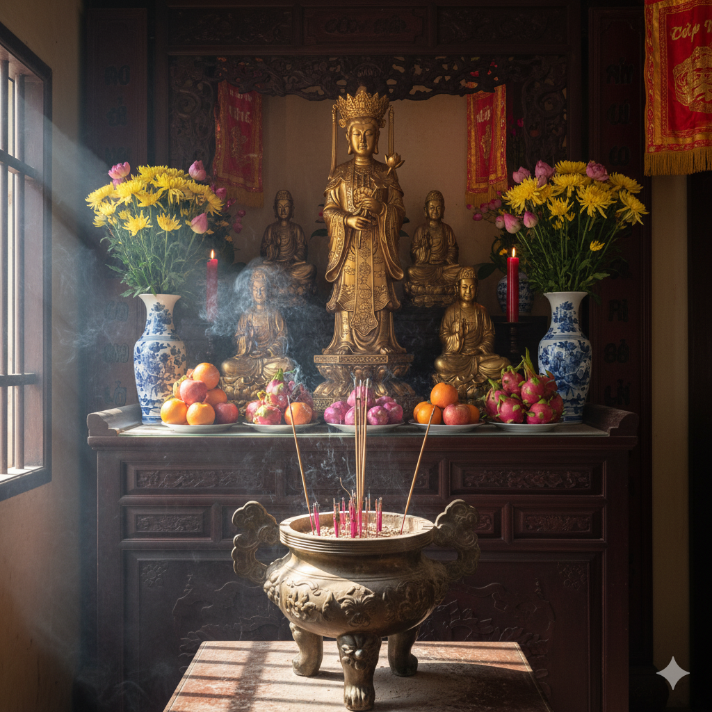 Không gian thờ trang nghiêm, linh thiêng, bày biện chuẩn phong thủy với hệ thống tượng đồng uy nghi.