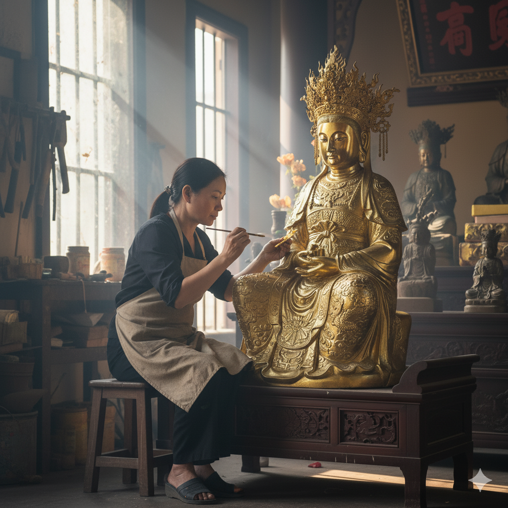 Nghệ nhân đang hoàn thiện chi tiết áo long bào trên tượng Bà Chúa Chầu Bản Cảnh tại xưởng đúc