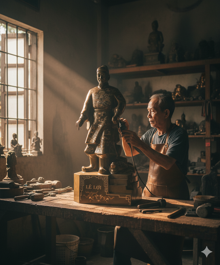 Nghệ nhân đang hoàn thiện bề mặt tượng đồng vua Lê Lợi.