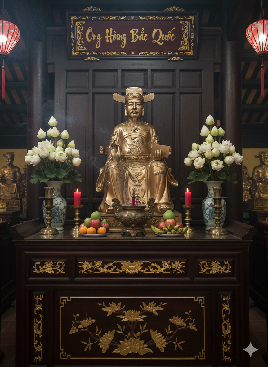 Không gian thờ Ông Hoàng Bắc Quốc bằng đồng được bài trí trang nghiêm, chuẩn phong thủy Tứ Phủ.