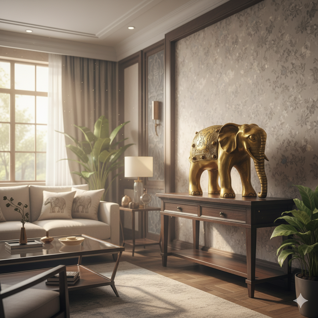 Mẫu tượng voi đồng vàng đặt phòng khách – biểu tượng thịnh vượng và bảo hộ gia đạo.