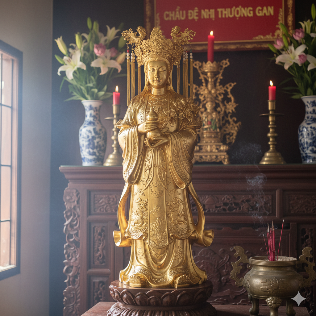 Tượng Chầu Đệ Nhị Thượng Ngàn hoàn thiện, sơn son thếp vàng, đặt tại gian thờ Công Đồng.