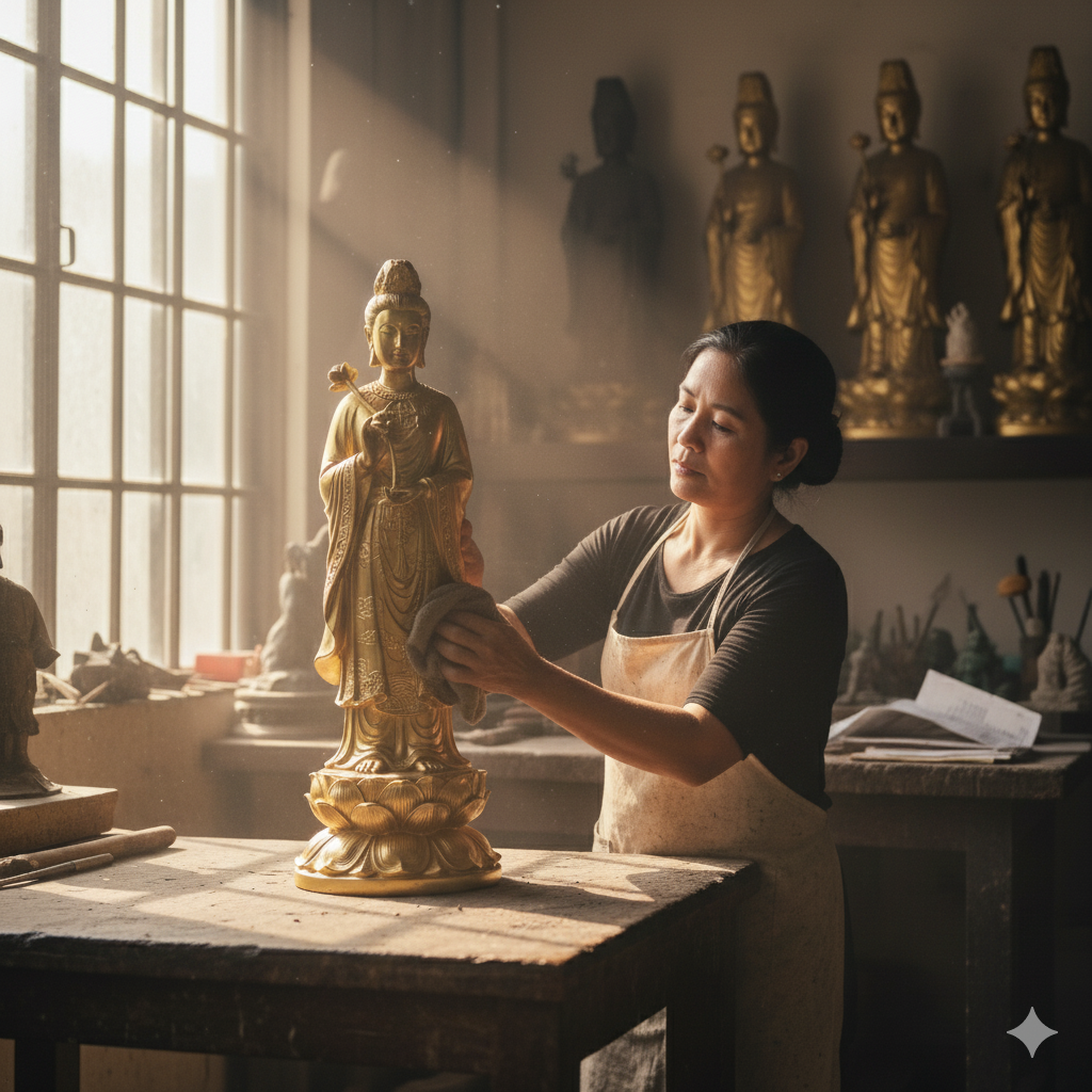 Nghệ nhân đang hoàn thiện tượng Cô Bé Tả Van bằng đồng – công đoạn mài, đánh bóng để tạo độ sáng bóng tự nhiên.