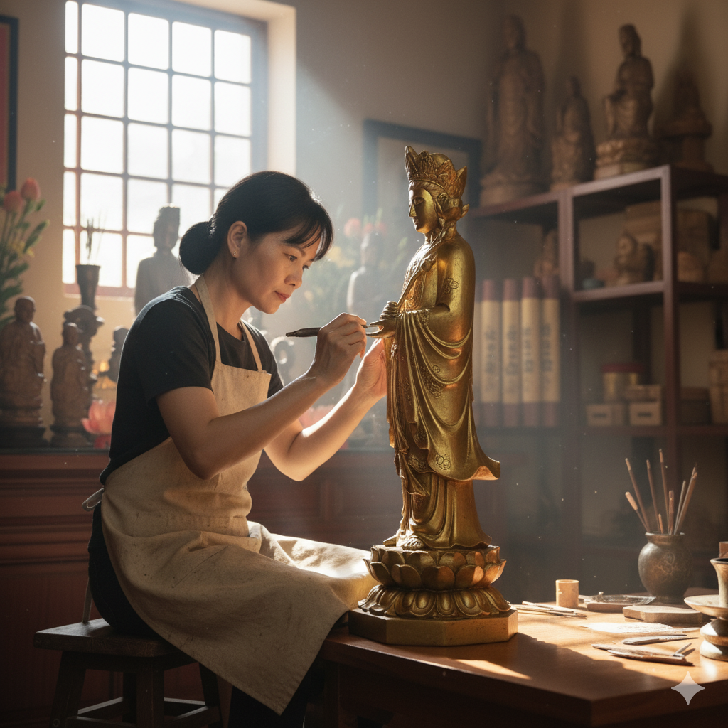 Nghệ nhân đang hoàn thiện tượng Cô Bé Lục Cung bằng đồng – từng chi tiết được xử lý tỉ mỉ, sắc nét.