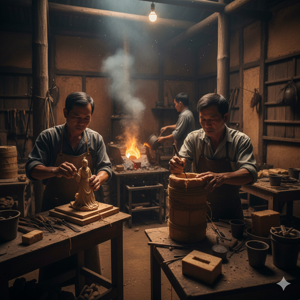 Nghệ nhân đang hoàn thiện tượng đồng tại xưởng đúc thủ công truyền thống.