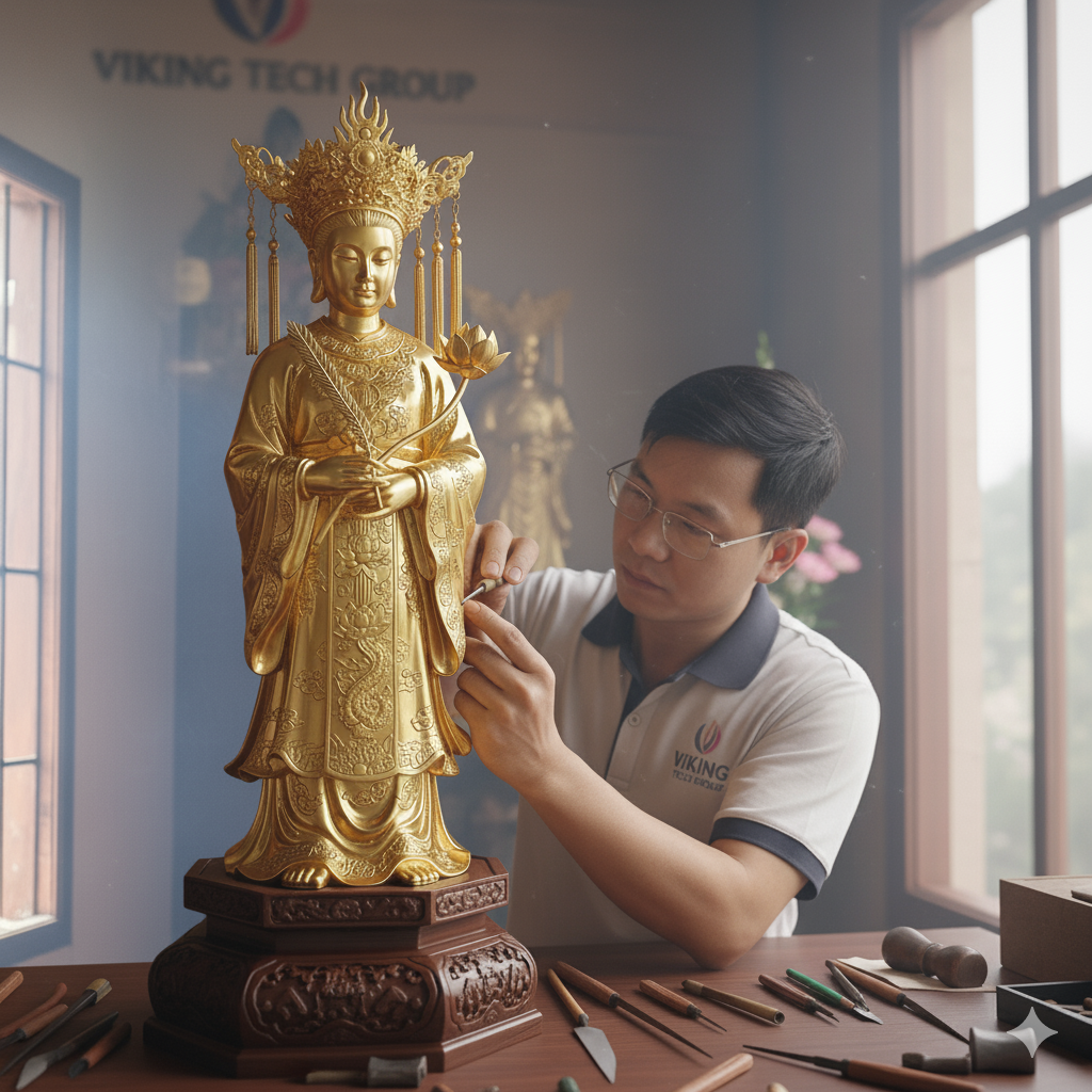 Nghệ nhân đang hoàn thiện chi tiết khuôn mặt và hoa văn trên tượng Chầu Đệ Nhị Thượng Ngàn.