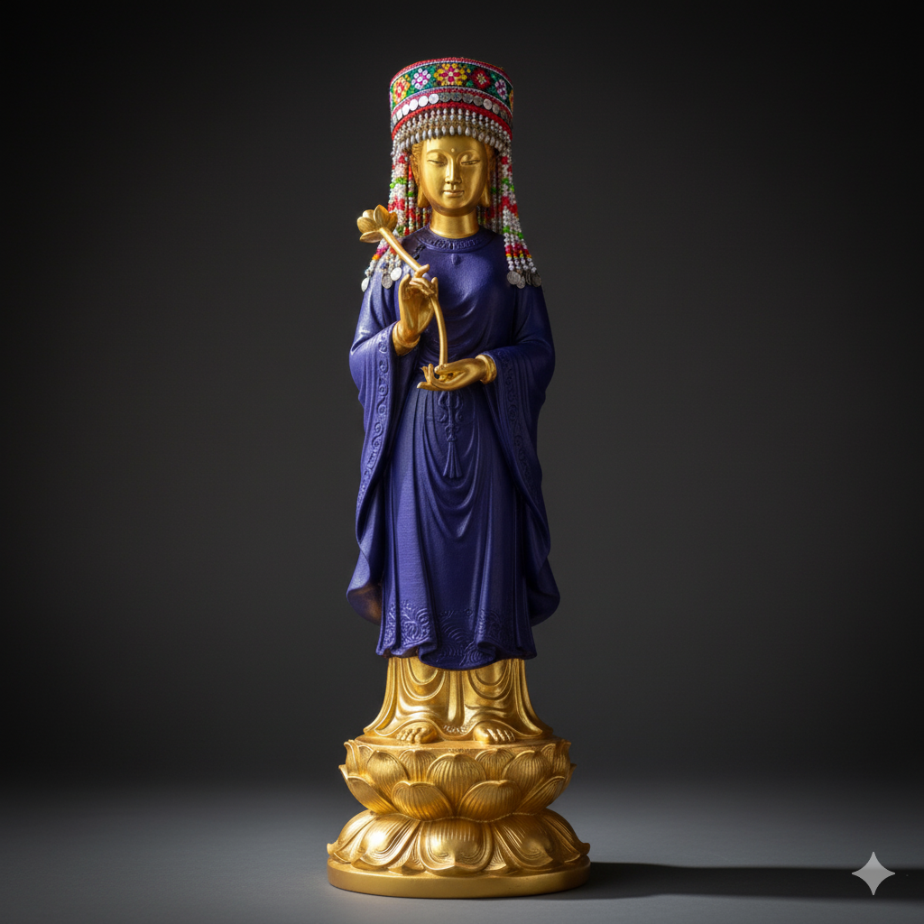 Hình tượng Cô Bé Đông Cuông hiền hậu, khoác áo chàm, đầu đội khăn truyền thống của người Thái – biểu tượng linh thiêng của miền sơn cước.