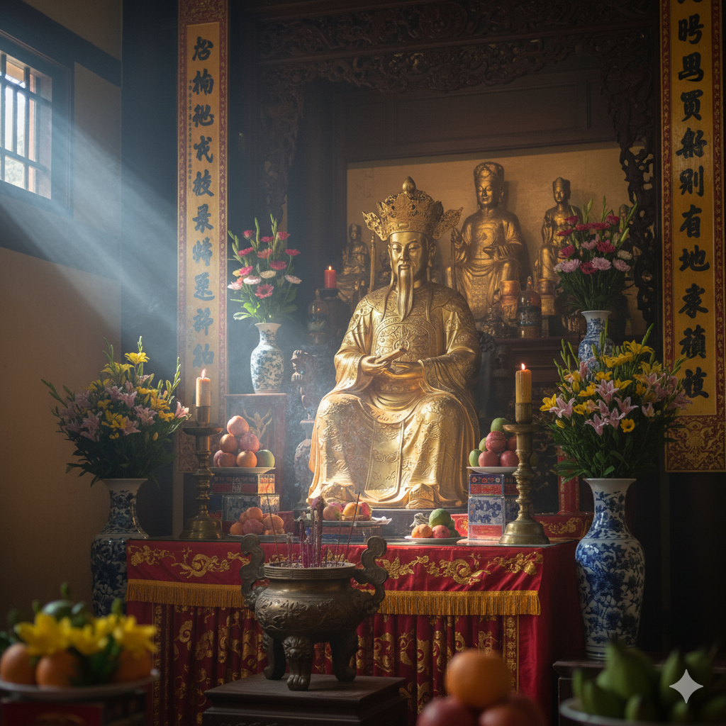 Không gian thờ tượng Vua Cha Thiên Phủ uy nghiêm trong điện thờ Tứ Phủ.