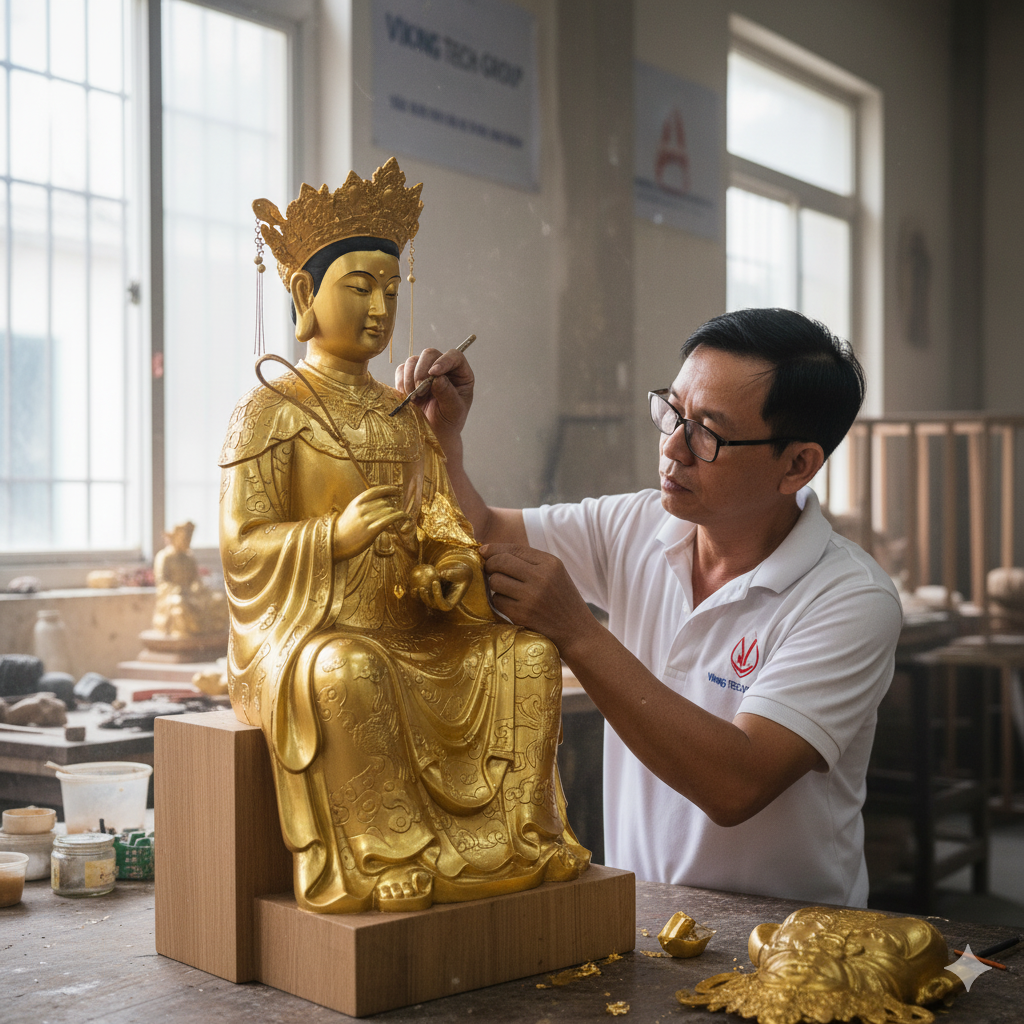 Nghệ nhân đang hoàn thiện chi tiết hoa văn và dát vàng trên tượng Chầu Năm Suối Lân.