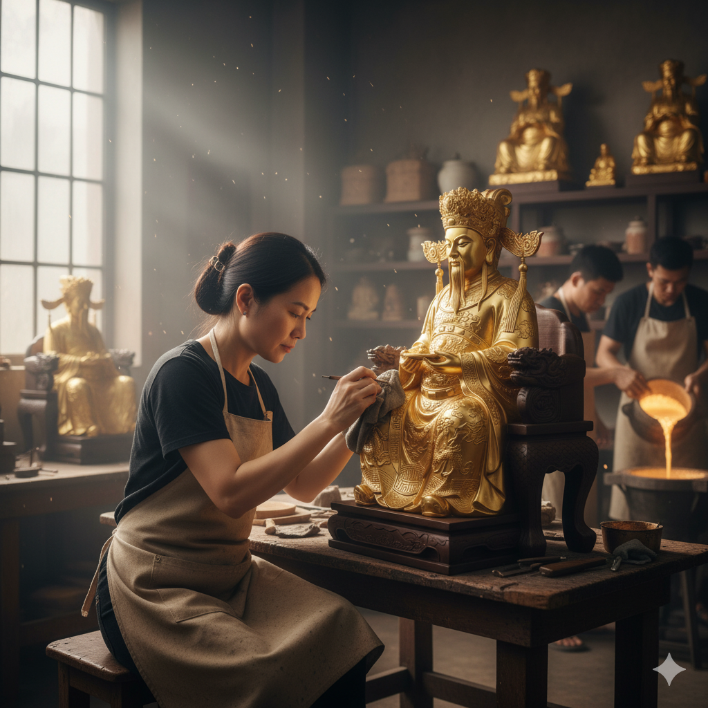 Nghệ nhân đang hoàn thiện tượng Vua Cha Địa Phủ