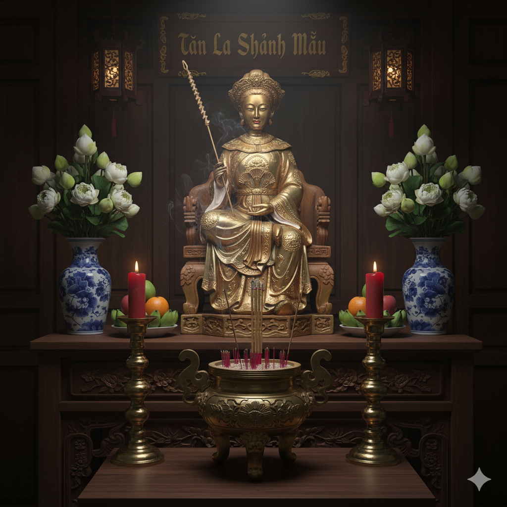 Không gian thờ Cô Bảy Kim Giao được bài trí trang nghiêm, thanh tịnh