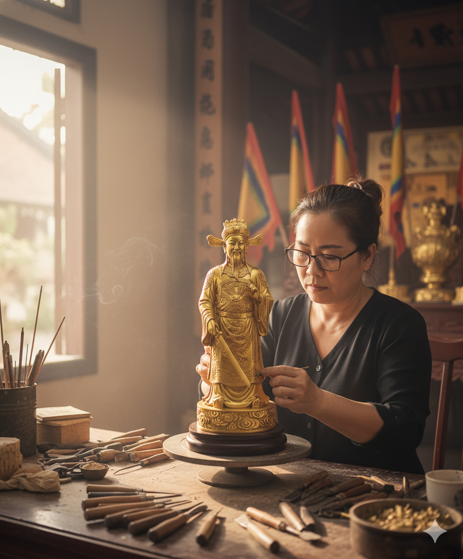 Nghệ nhân tỉ mỉ hoàn thiện tượng Ông Hoàng Chín – kết hợp tinh hoa đúc đồng truyền thống và nghệ thuật điêu khắc hiện đại.