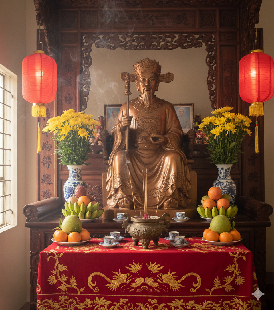 Tượng Ông Hoàng Bảy bằng đồng đặt tại phòng thờ – biểu trưng linh thiêng của tài lộc và bảo hộ.