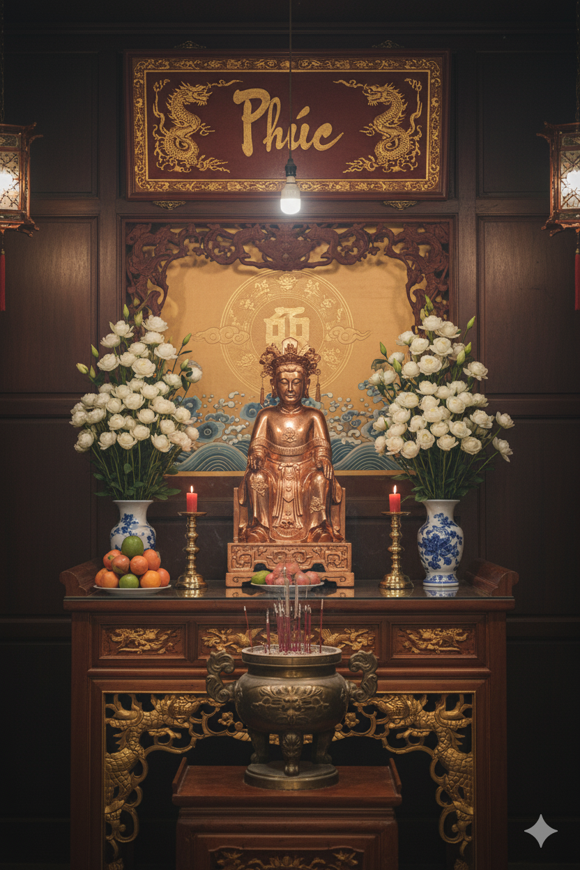 Bàn thờ Cô Bơ Bông – trang nghiêm, thanh tịnh, được bài trí chuẩn phong thủy tại điện Mẫu.