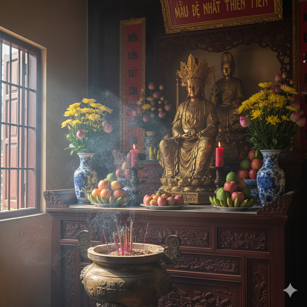 Không gian thờ tượng Mẫu Đệ Nhất Thiên Tiên trang nghiêm trong điện thờ Tứ Phủ.