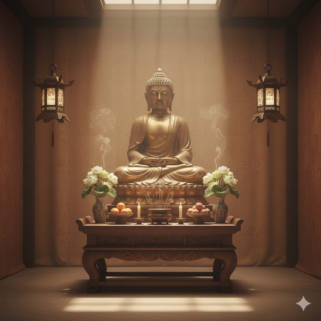 Không gian thờ Phật Thích Ca bằng đồng trang nghiêm, thanh tịnh.