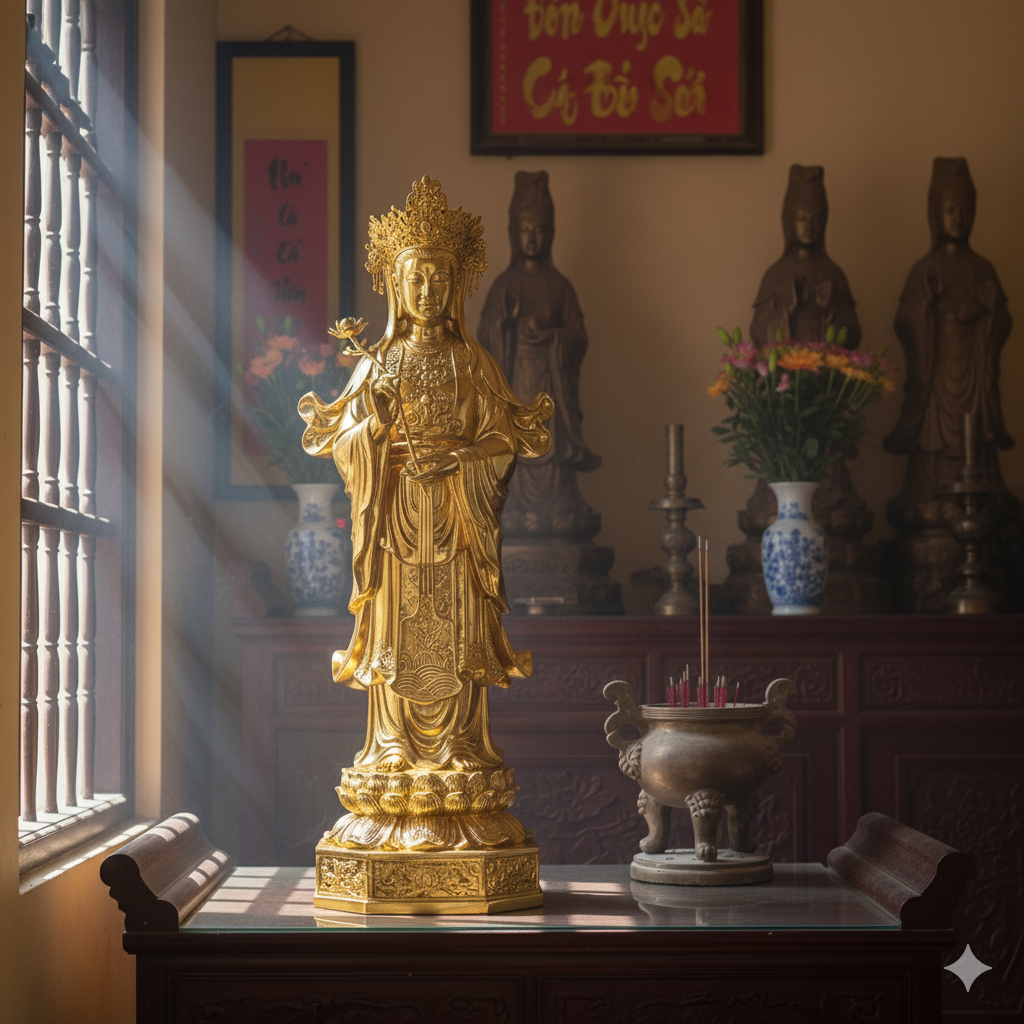 Không gian thờ tượng Cô Bé Suối Ngang bằng đồng được bài trí trang nghiêm, mang lại cảm giác bình yên và linh thiêng.