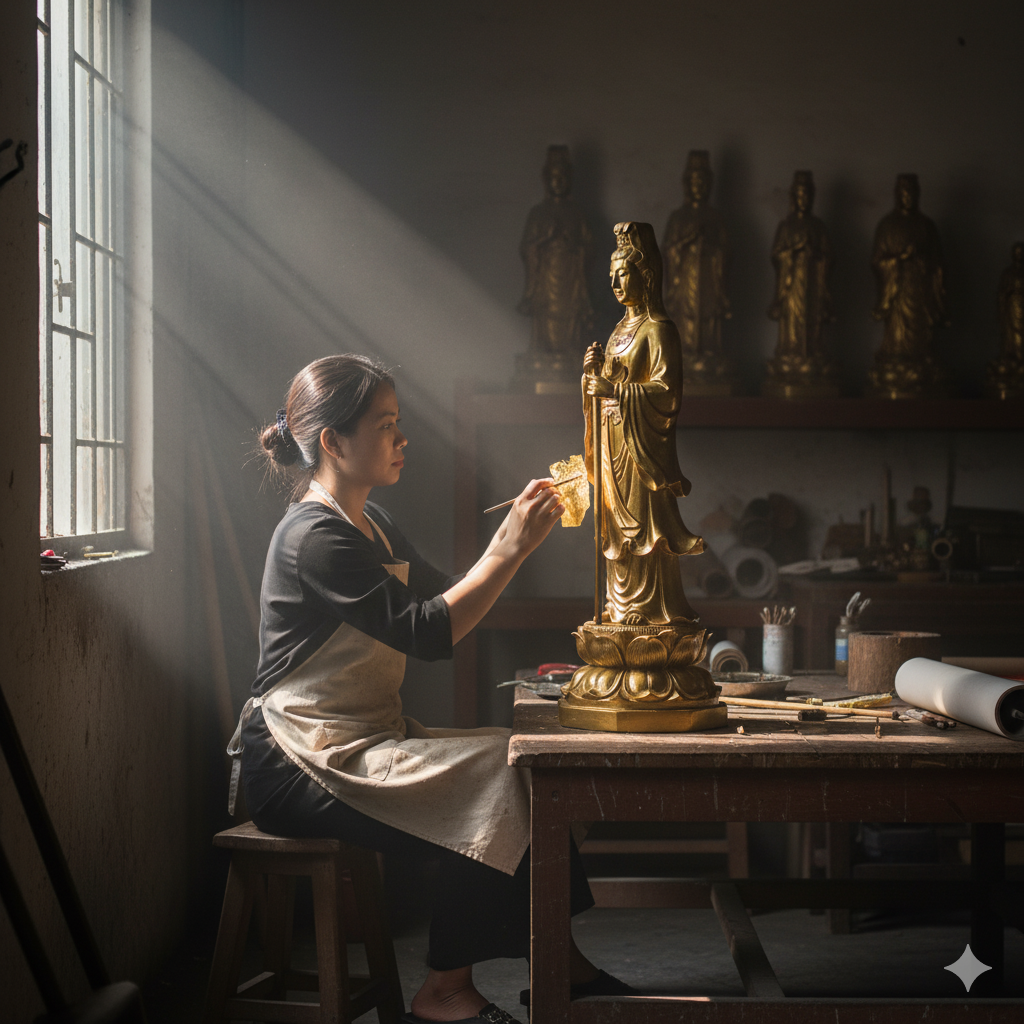 Nghệ nhân đang thếp vàng lên tượng Cô Bơ Tây Hồ tại xưởng đúc