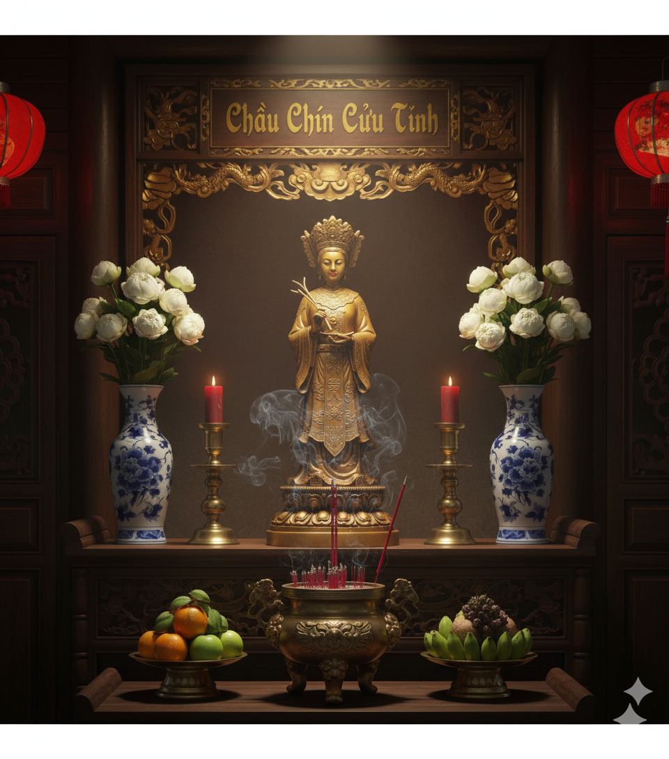 Không gian thờ Chầu Chín Cửu Tỉnh được bài trí trang nghiêm, thanh tịnh