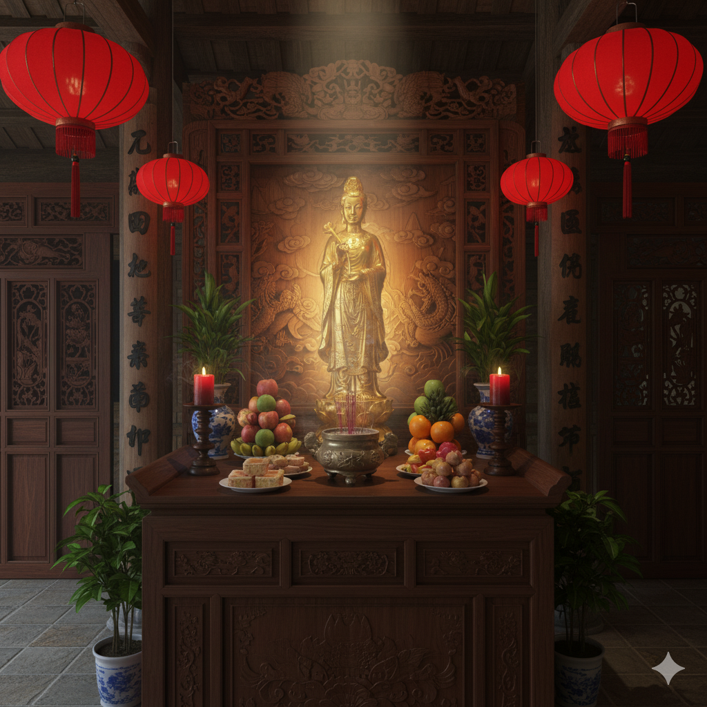 Không gian thờ phụng Cô Bé Đông Cuông trang nghiêm, thanh tịnh, mang đậm bản sắc tín ngưỡng miền sơn cước.