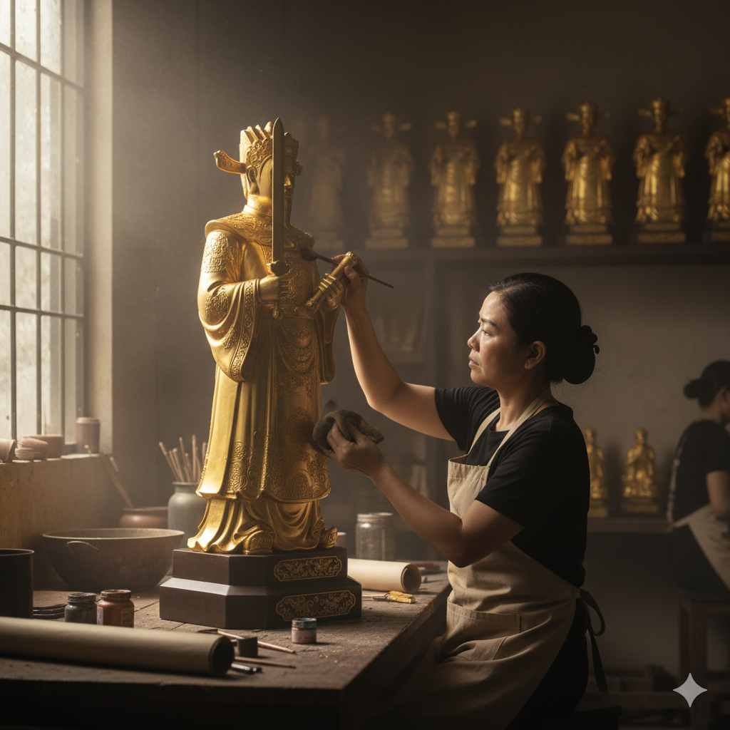 Nghệ nhân đang hoàn thiện tượng Quan Lớn Đệ Nhị bằng đồng nguyên chất.