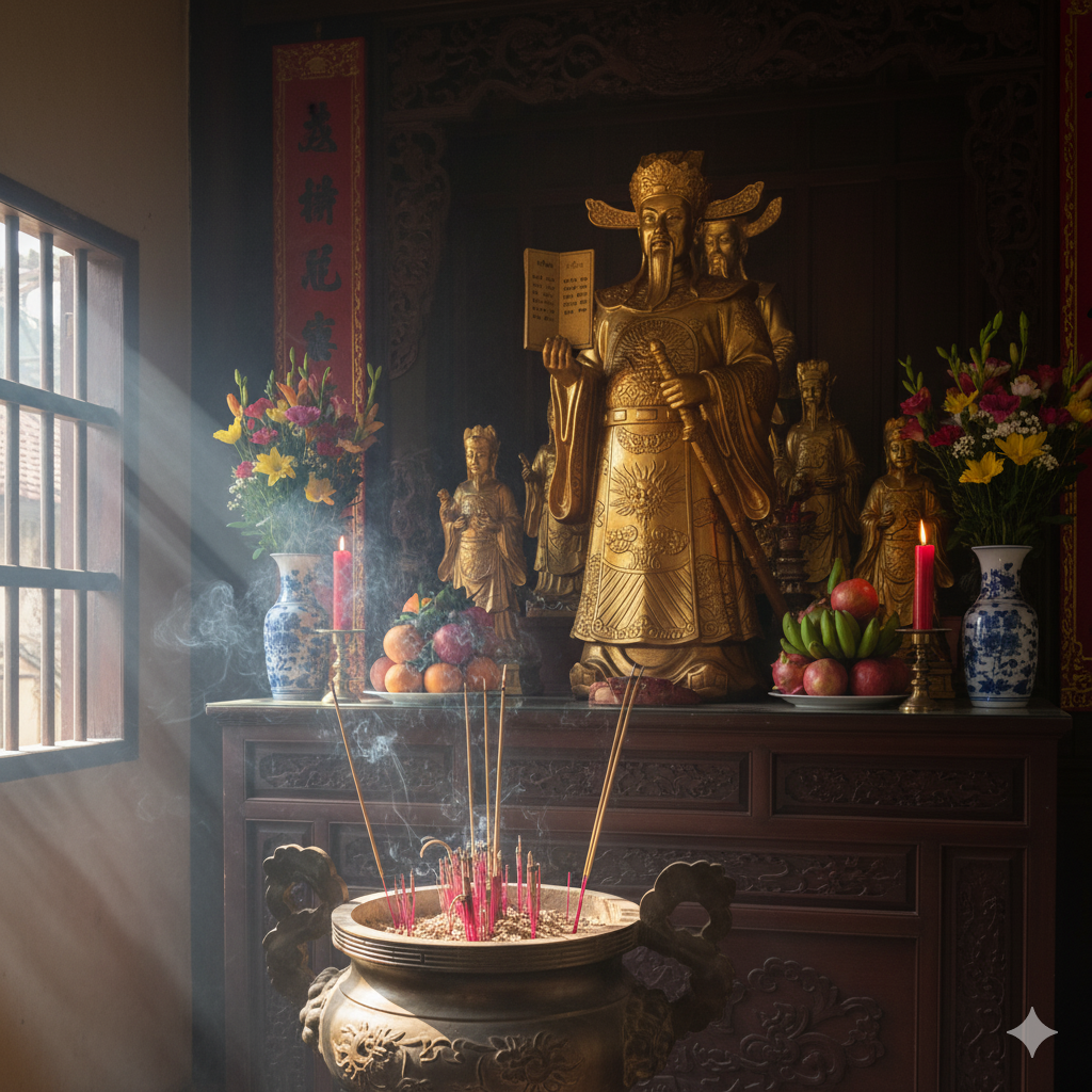 Không gian thờ tượng Quan Lớn Đệ Tứ Địa Phủ trong điện thờ Công Đồng, mang lại cảm giác trang nghiêm và linh thiêng.