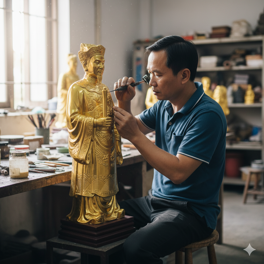 Nghệ nhân Viking đang tỉ mỉ hoàn thiện các chi tiết của bức tượng Ông Hoàng Tám Bát Nùng