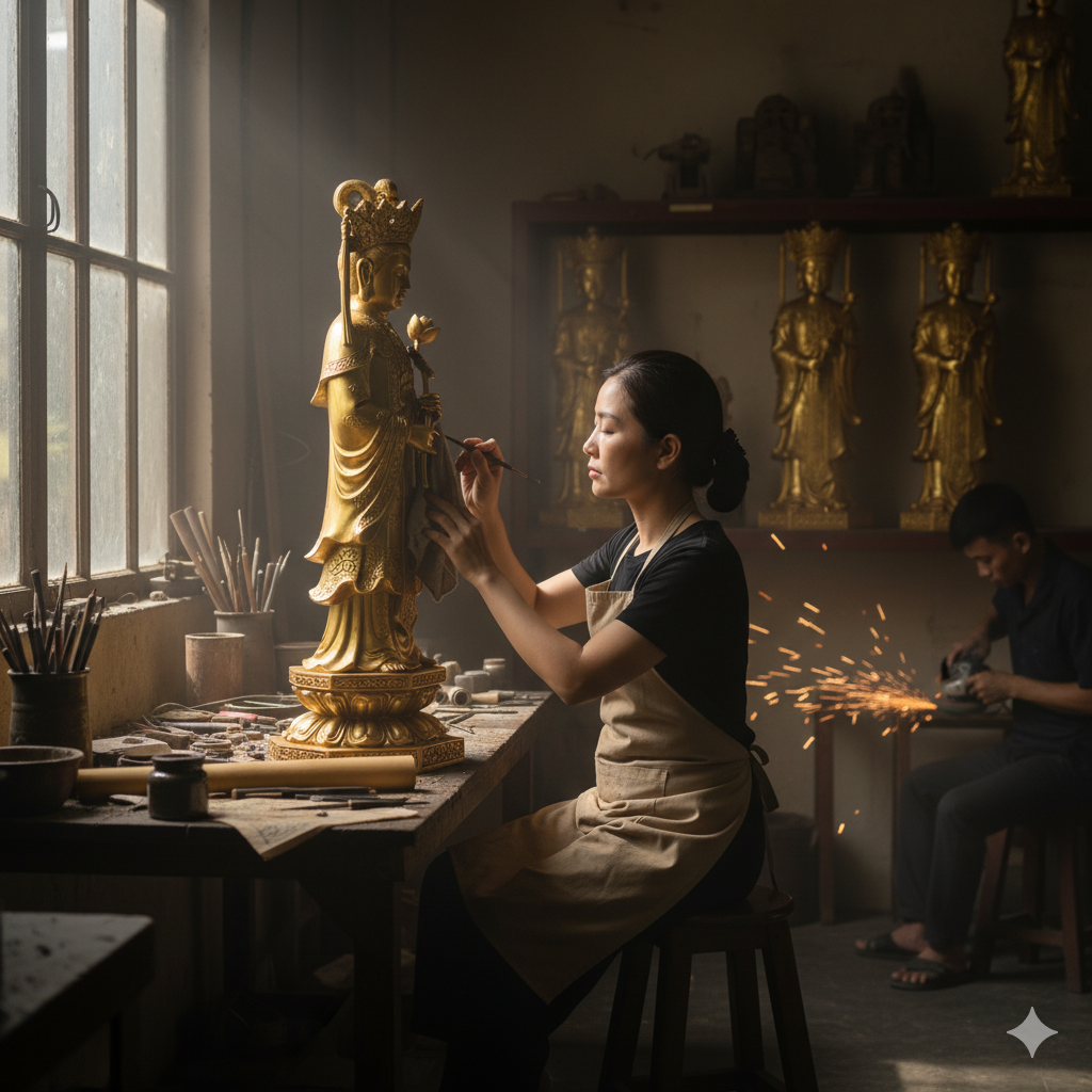 Nghệ nhân tỉ mỉ hoàn thiện từng chi tiết trên tượng đồng thủ công