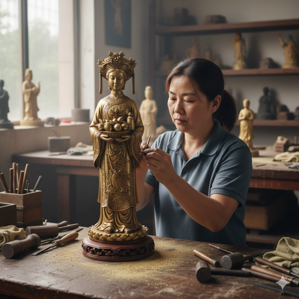 Nghệ nhân đang tỉ mỉ hoàn thiện các chi tiết của tượng Cô Năm Suối Lân