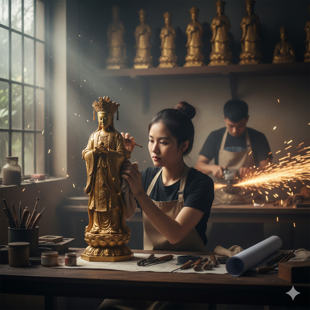 Khoảnh khắc nghệ nhân tập trung chỉnh sửa chi tiết cuối cùng trên tượng đồng tâm linh.