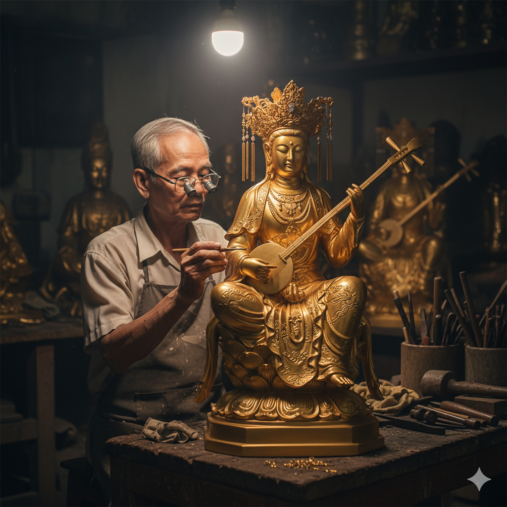 Nghệ nhân đang hoàn thiện tượng Mẫu Đệ Nhị Nhạc Tiên bằng đồng thủ công.