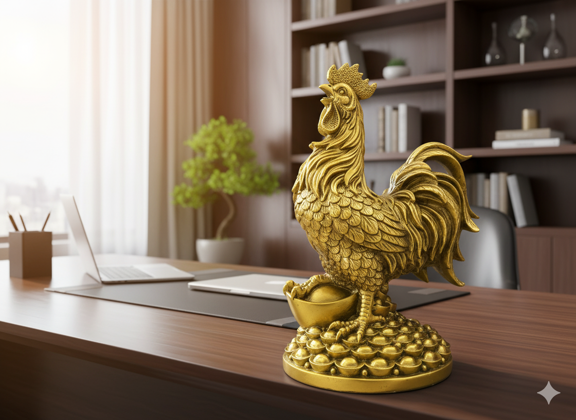 Gà trống bằng đồng vàng vị trí phù hợp bàn làm việc – Mang lại công danh, uy tín và địa vị cho người làm kinh doanh, lãnh đạo