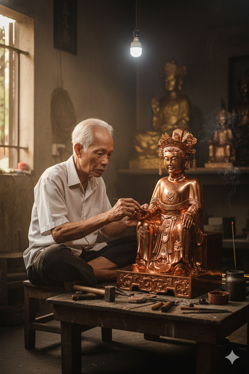 Nghệ nhân tỉ mỉ hoàn thiện tượng Cô Bơ Bông bằng đồng đỏ nguyên chất, đảm bảo linh khí và độ tinh xảo cao.