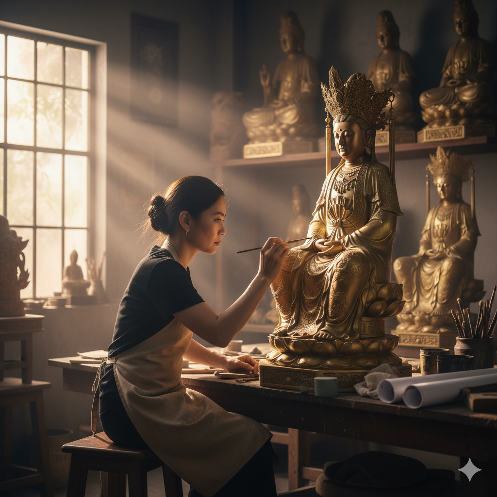 Nghệ nhân đang hoàn thiện tượng Mẫu Đệ Nhất Thiên Tiên bằng đồng nguyên chất.
