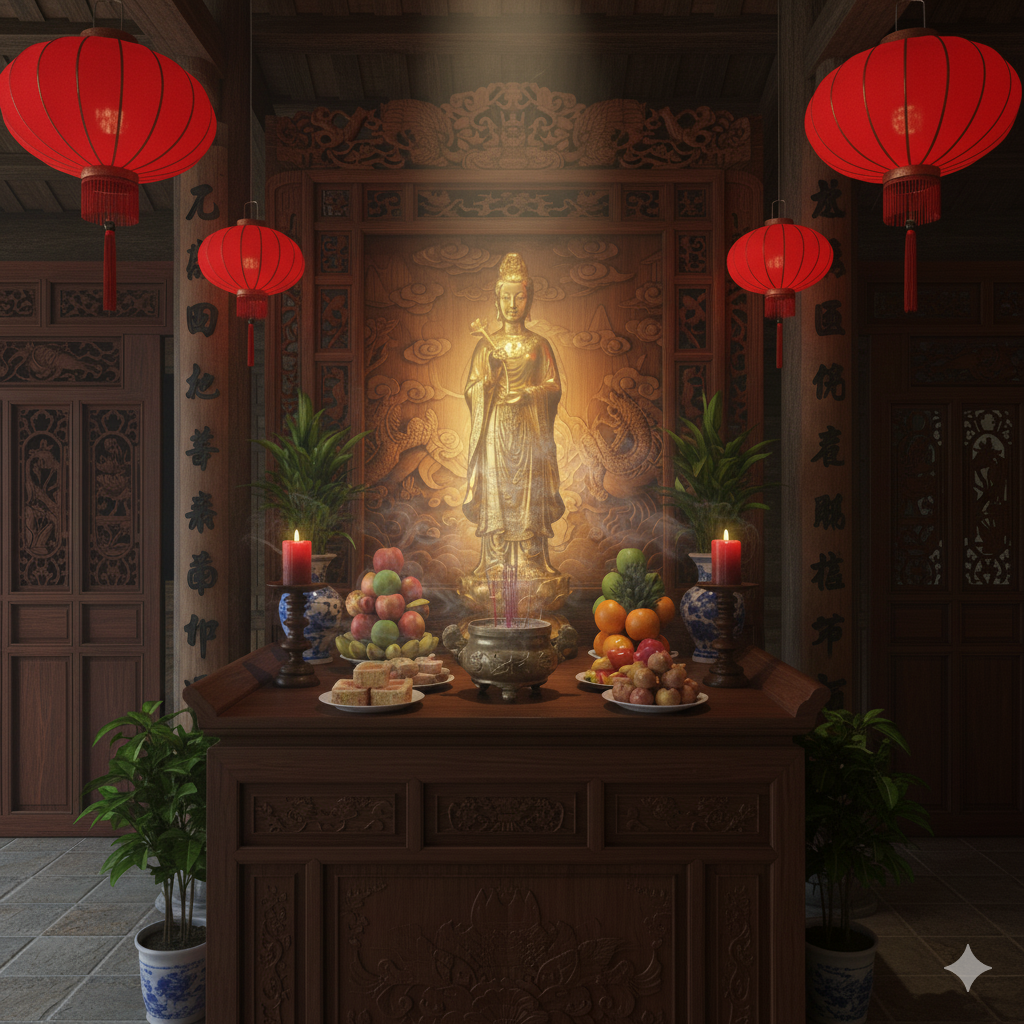 Không gian thờ phụng Cô Bé Tả Van bằng đồng trang nghiêm, linh thiêng, tỏa sáng phúc khí.