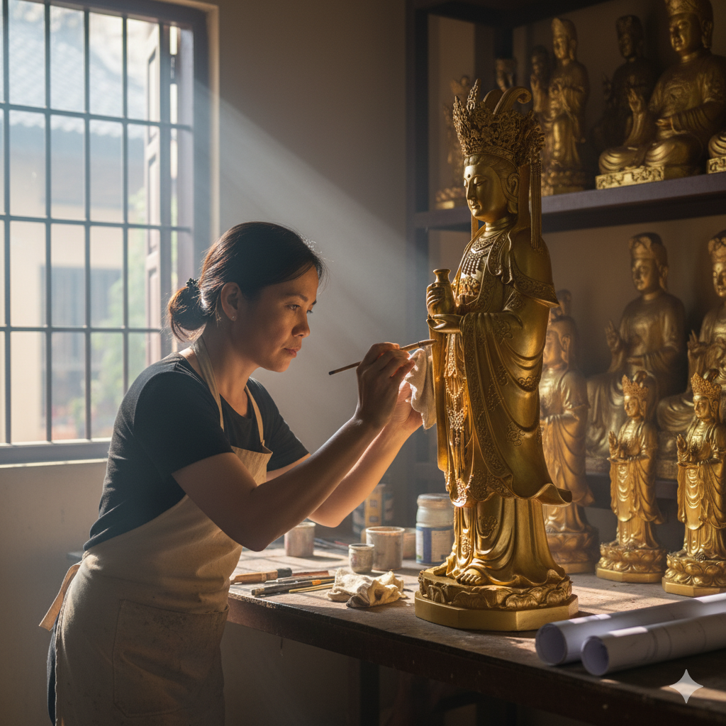 Nghệ nhân đang hoàn thiện tượng Mẫu Đệ Tam bằng đồng đỏ nguyên chất, tỉ mỉ trong từng chi tiết áo mão và thần thái.