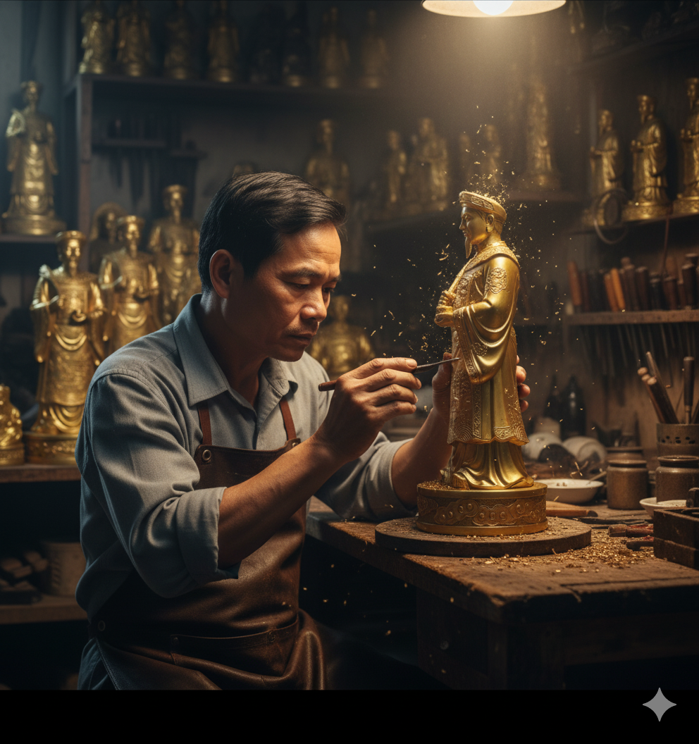  Nghệ nhân tỉ mỉ chạm khắc từng chi tiết trên tượng – đảm bảo chuẩn thần thái và độ bền vĩnh cửu.