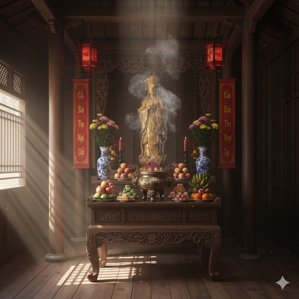 Không gian thờ đậm chất văn hóa Việt, kết hợp tinh tế giữa ánh sáng, hương khói và sắc đồng cổ kính.