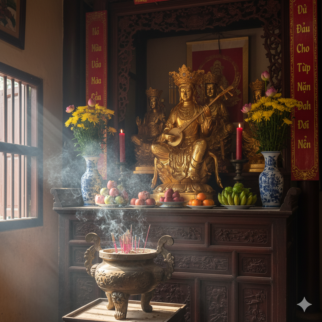 Không gian thờ tượng Mẫu Đệ Nhị Nhạc Tiên trang nghiêm trong phủ thờ Tứ Phủ.