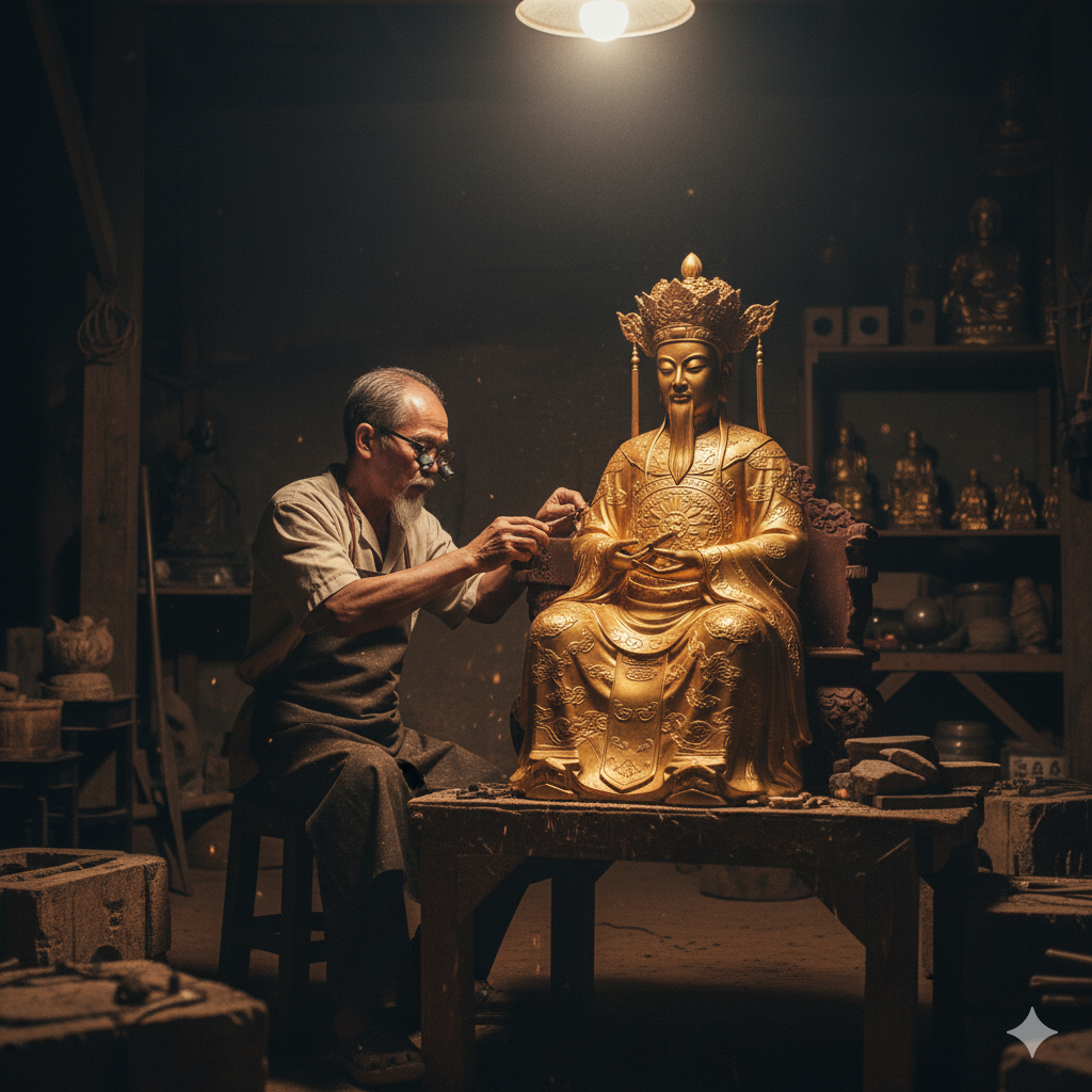 Nghệ nhân đang tỉ mỉ hoàn thiện tượng Vua Cha Thiên Phủ bằng đồng vàng nguyên chất.