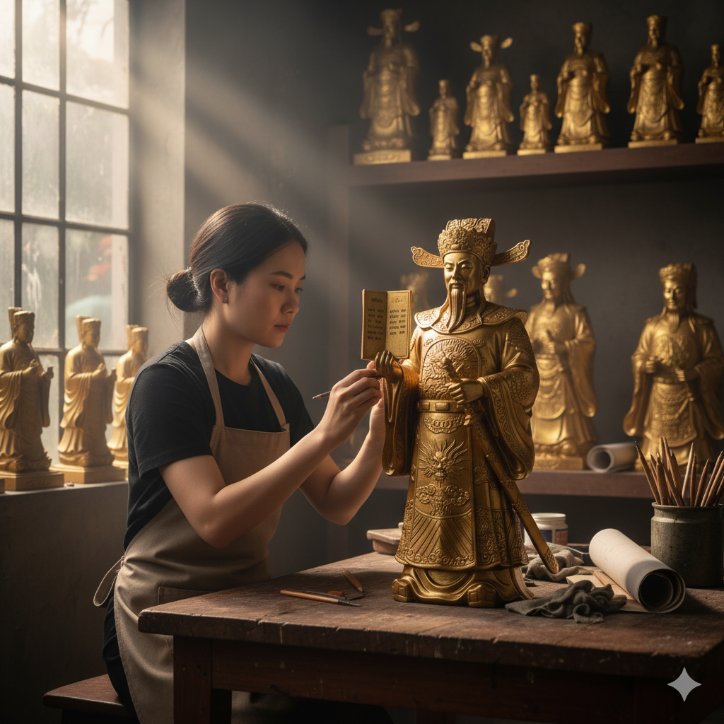 Nghệ nhân đang tỉ mỉ hoàn thiện tượng Quan Lớn Đệ Tứ Địa Phủ, Khâm Sai