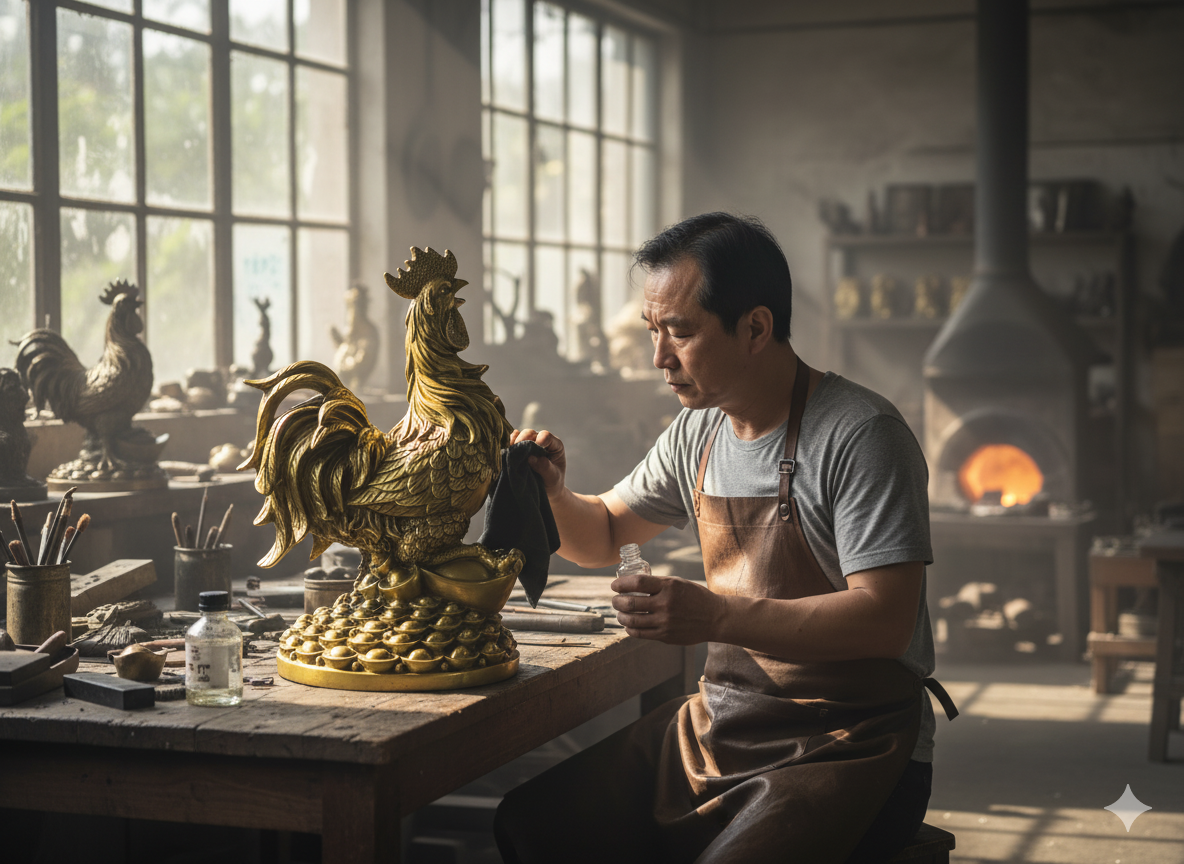 Nghệ nhân đang hoàn thiện Gà trống bằng đồng vàng tại xưởng – công đoạn đánh bóng và phủ lớp bảo vệ cuối cùng.