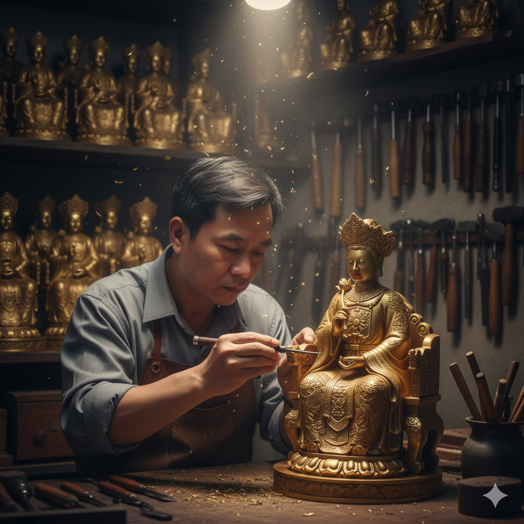 Nghệ nhân tỉ mỉ chạm khắc từng chi tiết trên tượng – đảm bảo chuẩn thần thái và độ bền vĩnh cửu.