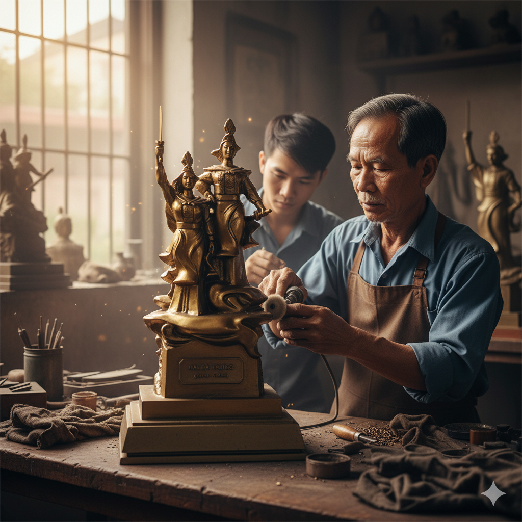 Nghệ nhân đang mài và đánh bóng tượng Hai Bà Trưng bằng đồng nguyên chất.