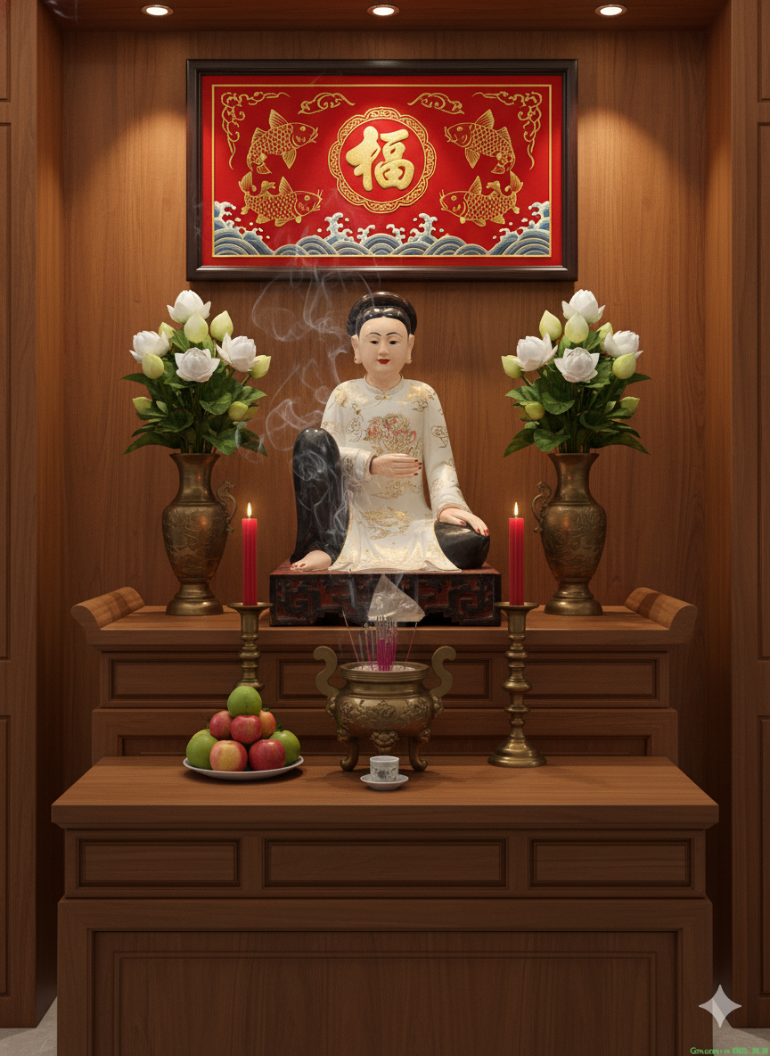 Không gian thờ Cô Bơ Thoải Cung – bố trí chuẩn phong thủy, mang lại sự hài hòa và năng lượng tích cực cho gia chủ.