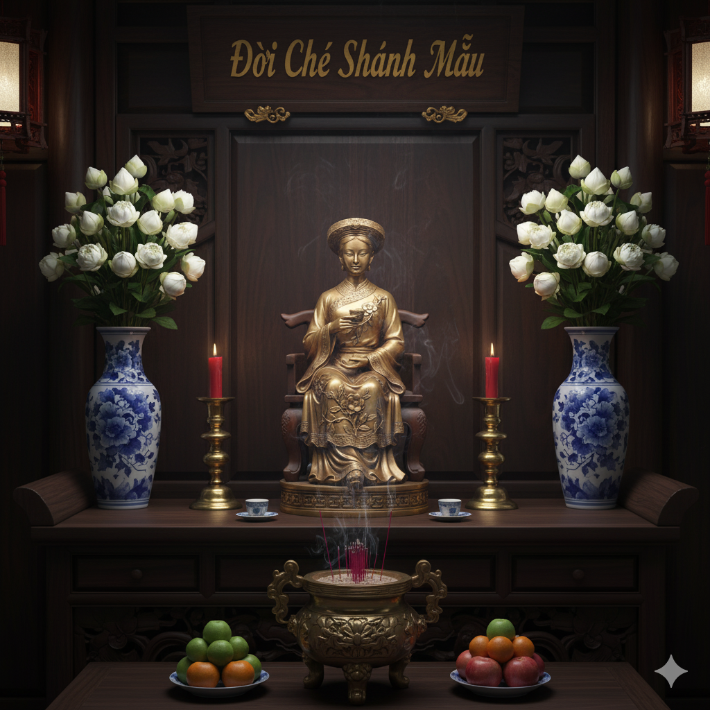 Không gian thờ Cô Tám Đồi Chè được bài trí trang nghiêm, thanh tịnh