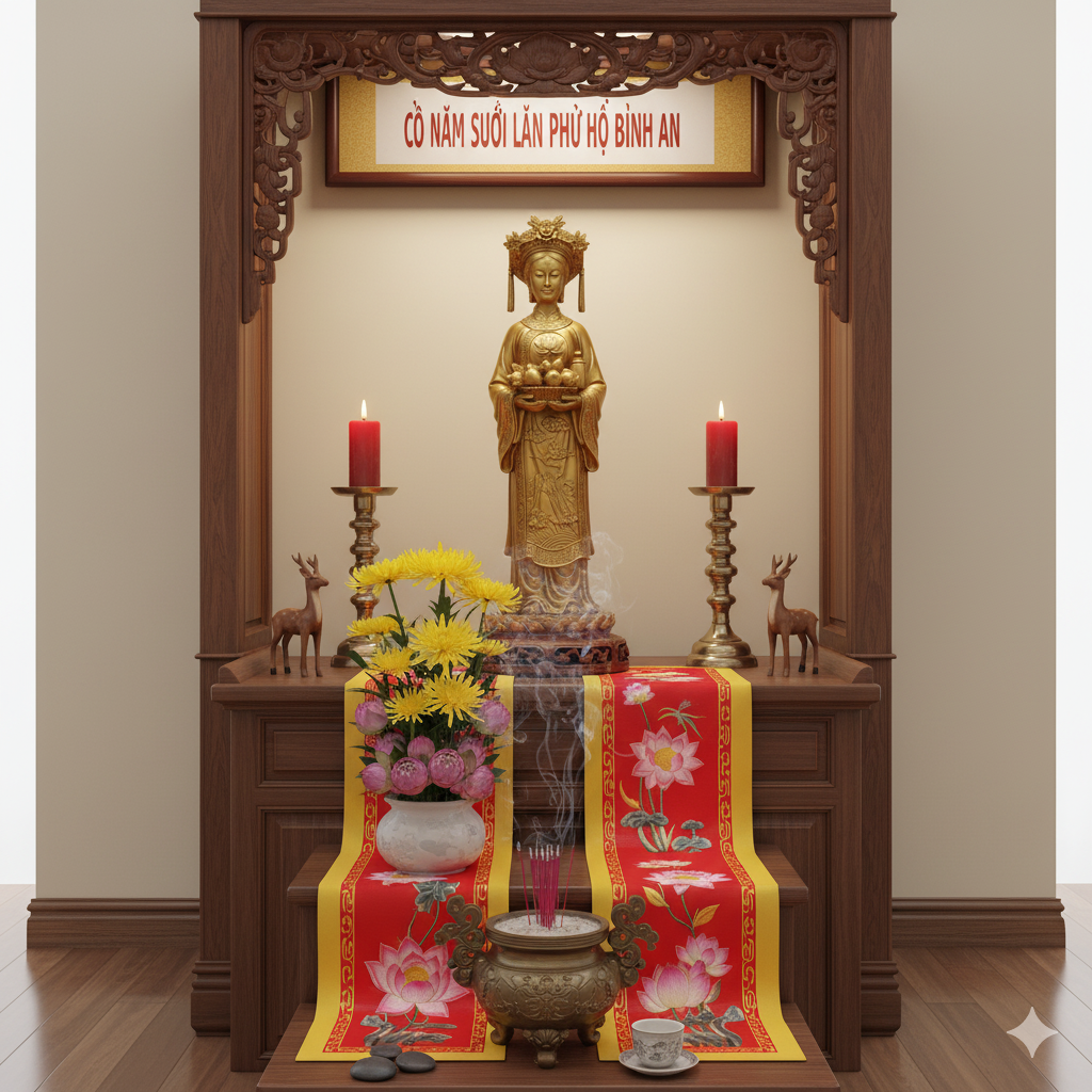 Không gian thờ Cô Năm Suối Lân trang nghiêm, thanh tịnh giúp thu hút vượng khí và mang lại bình an cho gia chủ.