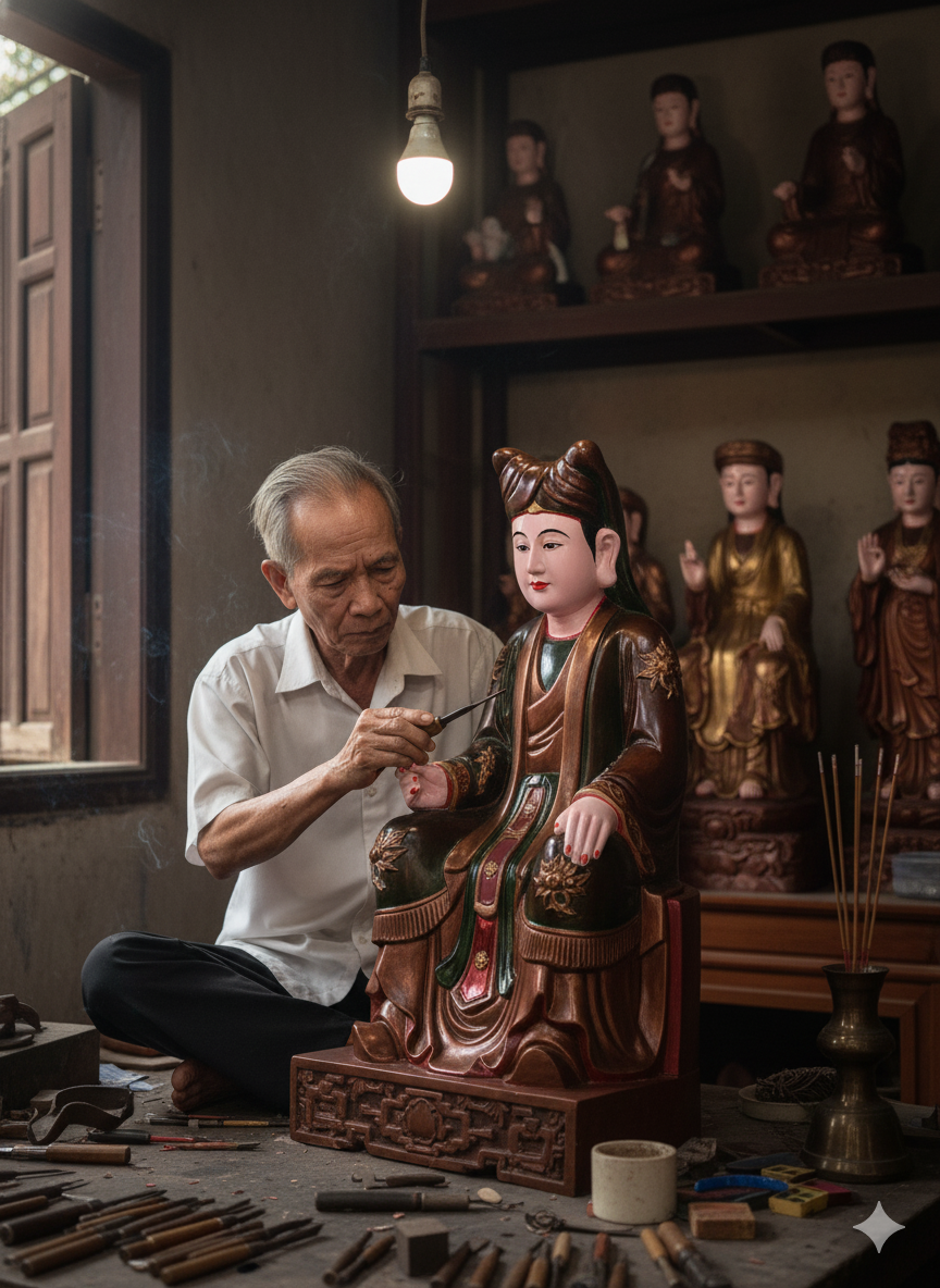 Nghệ nhân tỉ mỉ chạm khắc từng chi tiết trên tượng Cô Sáu Sơn Trang – đảm bảo chuẩn thần thái và độ bền vĩnh cửu.