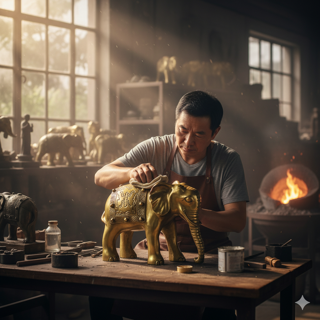 Nghệ nhân đang hoàn thiện tượng voi bằng đồng vàng tại xưởng