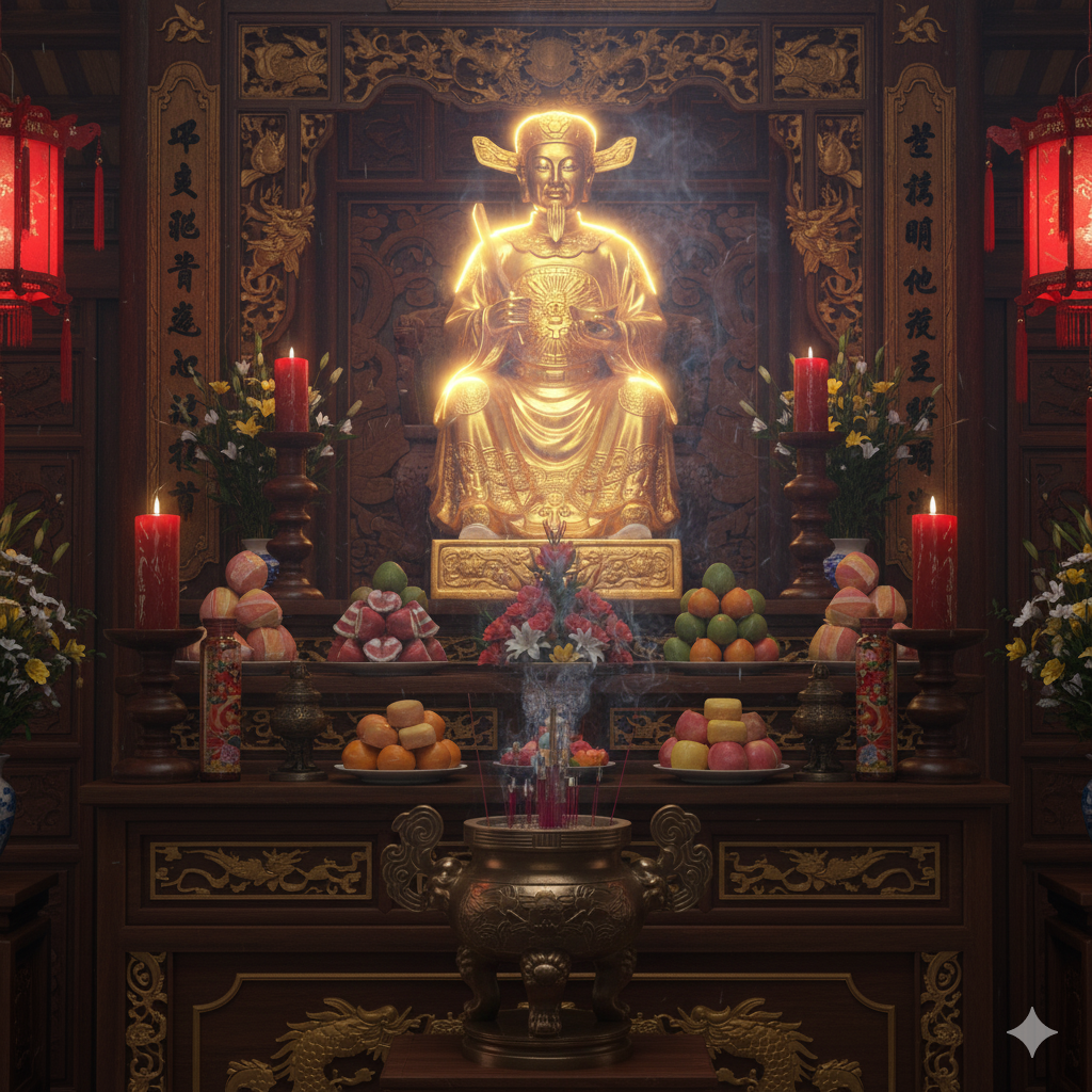 Không gian thờ tự trang nghiêm với tượng Ông Hoàng Mười bằng đồng vàng tỏa sáng linh thiêng.